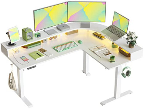 FEZIBO DREI Motoren Schreibtisch Höhenverstellbar Elektrisch mit LED strip und Stromanschlüsse, L Form Stehpult mit Monitorständer, 160 x 120 cm eckschreibtisch, Weiß Rahmen/Weiß Tischplatte