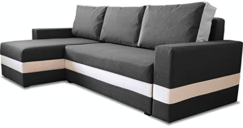 bonni Ecksofa Passio mit Schlaffunktion, Eckcouch, Schlafsofa, L-Form Sofa, Polsterecke mit Bettkasten, Klappsofa, Schlafcouch, Bettsofa, Couchgarnitur, Sofagarnitur (Graphit/weiß)