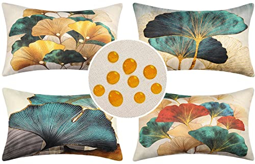 Wasserdichte Kissenbezug 4 Stück 30 x 50 cm Dekorative Outdoor Set Türkis Gold Ginkgo Deko Kissen Kissenhülle Dekokissen Landhausstil Dekorative Sofakissen Leinen Kissenbezüge Decor für Garten Outdoor