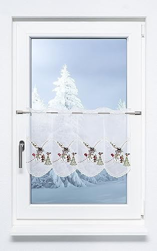 Plauener Spitze Scheibengardine Schneemann zur Weihnachtszeit #1W (BxH) 97,2cm x 40cm rot