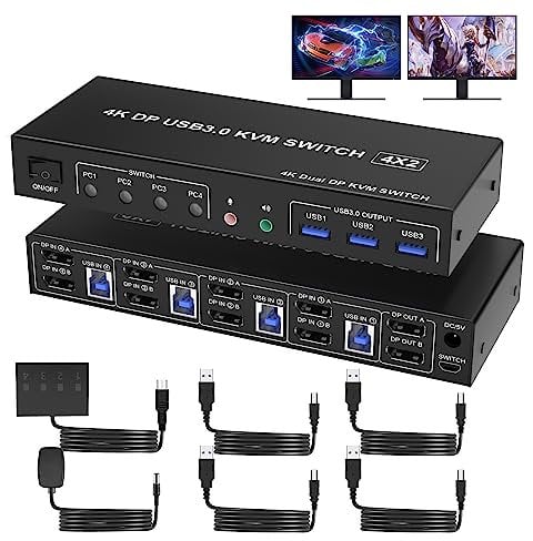 USB 3.0 KVM Switch 4PC 2 Monitore Displayport 4K 60Hz, 4 Port KVM Switch Dual Monitor Displayport mit Audio Mikrofon Ausgang und 3 USB 3.0 Ports, DP Monitor Switch für 4 PCs 2 Monitore