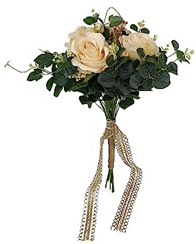 DRW Beige Brautstrauß mit Rosen und Wildblumen Künstlicher Brautstrauß Beige 56x32Ø cm