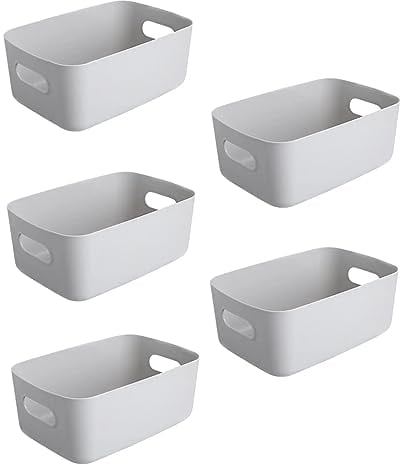 Pack of 5 Storage Baskets with Handle – Rectangular Home & Kitchen Organiser Strong Plastic Cupboard Storage Boxes 3 sizes (Large (30 x 20.5 x12.5 cm), 5 Pcs Grey)