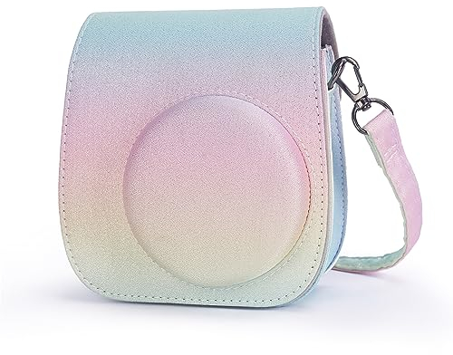 Leebotree Caméra Housse Compatible avec Appareil Photo Instantanés Instax Mini 12 11, Pochette Caméra Sacoche Rangement Protection Cuir PU Lisse avec Bandoulière et Poche Intégrée (Rainbow Brillant)