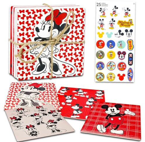 Mickey Mouse Coaster Set - 4 Round Plastic Coasters with Mickey & Minnie Artwork, Plus Stickers | Disney Home Decor for Coffee Table, Desk or Dinner Table