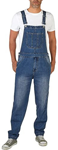 Salopette da uomo: pantaloni da lavoro, jeans con bretelle, tuta da uomo, a gamba lunga, molte tasche, taglio largo, in denim, Azzurro, L