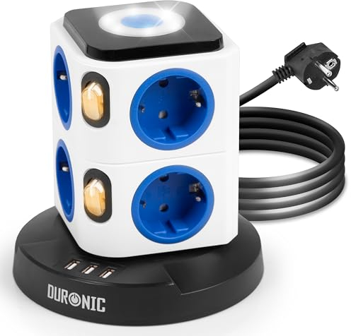 Duronic ET8L Tour Multiprise avec 3 Ports USB-A Veilleuse Tactile 8 Prises 3680W 13A Multiprise avec parasurtenseur Protection Contre Les surtensions Câble de 1,8 m