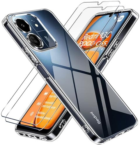 1Pcs Schutzhülle für Xiaomi Redmi 13C/POCO C65/Redmi 13 C Handyhülle + 2Pcs panzerglas für Redmi 13C/POCO C65/Redmi 13 C Hülle durchsichtig Stoßfest cover Silikon Handytasche und Displayschutzfolie