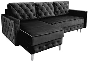 Ares Meble Ecksofa mit Schlaffunktion 227x144 cm - Ottomane Sofa L Form - L Couch 3 Sitzer - Schlafcouch mit Bettkasten - Samt Sofa Glamour - Chesterfield Sofas Ausziehbar - Weiße Beine - Schwarz