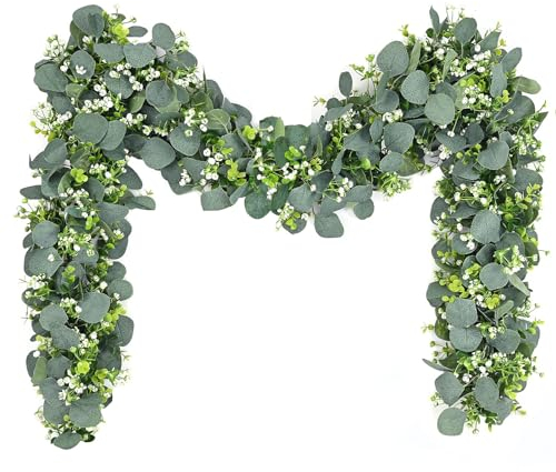 SOMYTING 2 Stück Künstliche Eukalyptus Girlanden blätter Girlande mit Grüne Blätter Weiße Blumen Girlande Künstliche Pflanze Hängepflanze für Hintergrund Hochzeit Dekoration Tischläufer Mittelstück