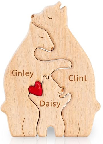 Easycosy Christmas Mum Kids Gifts - Personalised Wooden Bear Christmas Puzzle with 2-7 Family Name Birthday Wooden Sculpture Decor House Warming Xmas Gifts for Mum Girls Boys Dad Grandma Grandpa