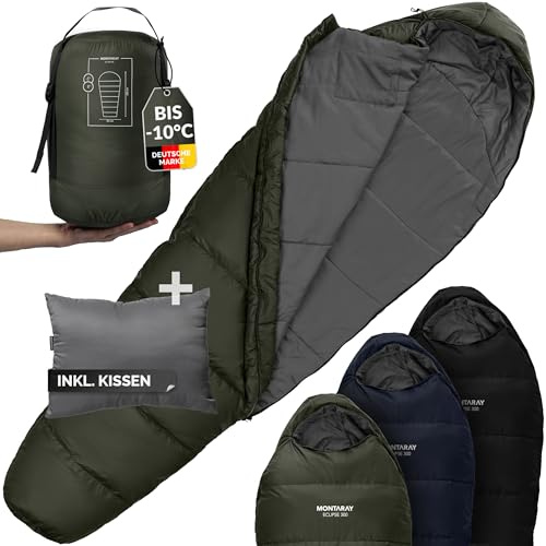 MONTARAY® Mumienschlafsack [8°C bis -5°C] INKL. Kissen für 3-4 Jahreszeiten [300GSM] - Outdoor Winter-Schlafsack & Sommer-Schlafsack (80x220cm) - Decken- & Hüttenschlafsack für Damen & Herren (warm)