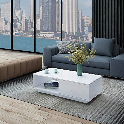 Moderner Couchtisch Weiß Hochglanz Kaffee Tee Tisch mit 1 Aufbewahrungsschublade Mitteltisch für Wohnzimmermöbel