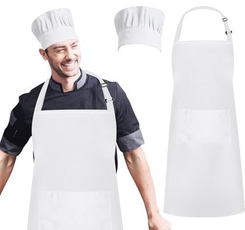 AIBAOBAO Küchenschürze, Kochmütze und Schürze Set, Verstellbare Schürze, Latzschürze mit Tasche, Backschürze Frauen, Kochschürze Weiß für Herren Damen, 70 * 65 cm,zum Kochen, Backen, Küche, Basteln