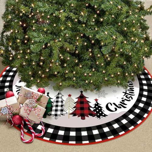 Jupe de Sapin de Noel Rouge Noir,Cache Pied Sapin de Noel Ø 120 cm,Couvre-Pied de Sapin Rond,Cache Pied de Sapin avec Flocon de Neig d'arbre de Noël,pour Décorations de Maison de Vacances de Noël