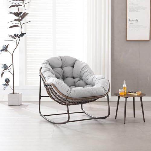 Montary Balkon Schaukelstuhl, Übergroßer Schaukelstuhl aus Korbgeflecht in Eierform für die Terrasse, mit dickem Kissen, bis 300lbs belastbar für Garten, Schlafzimmer, Wohnzimmer, Ecke (Light Grey)