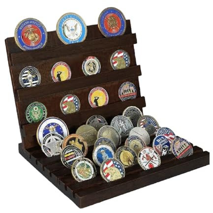 Holz Münzen Vitrinen, Challenge Münzständer Holz für 40-54 Münzen, Münzbox für Militärmedaillen, 24*19*24 CM Münzen Organizer für Desk, Gedenkmünzen Display Präsentationsständer Aufbewahrungsbox