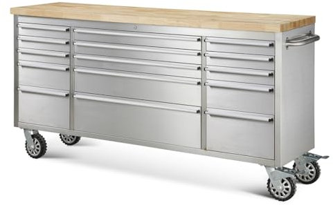 Ondis24 Edelstahl-Werkstattwagen Werkzeugwagen mit 10 Leichtlaufschubladen & XL-Massivholzarbeitsplatte, Lenkrollen, unbestückt (Grau, 198 x 49 x 95 cm (15 Schubladen))