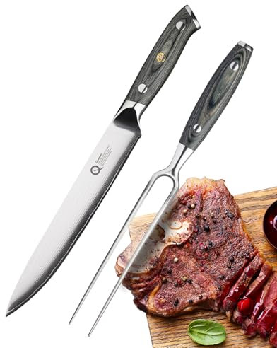Taylors Eye Witness Quantum Pakka Wood Fork & Carving Knife Set - 2pc Sharpe, Premium High Hardness Exotic Super-Steel Core, Between 66 Premium Steel Alloy Layers, Damascus Hamaguriba Grind Profile.