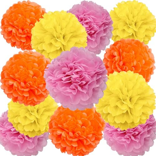 Pompons Papier de Soie,12 Pièces Papier Fleur Pompon Orange, Rose, Jaune,pour fête décoration, Plafond, Mur,Mariage, décoration de fête d'anniversaire