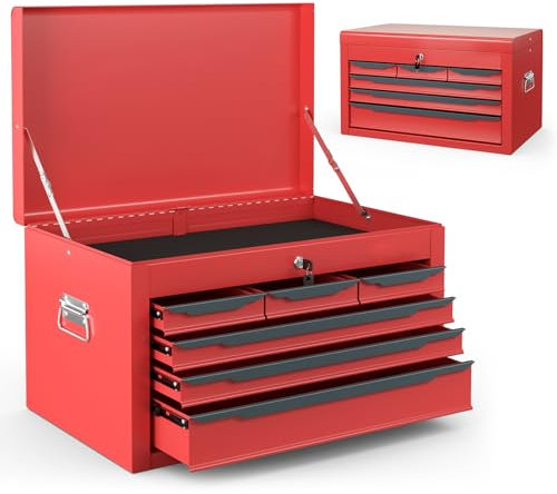 COSTWAY 6 Drawer Tool Box, Lockable Metal Tool Chest with Top Storage Tray, Automatic Lock, 2 Keys, Ball Bearing Runners, EVA Liners & Carry Handle, Portable Toolbox Storage Cabinet (Red+Black)