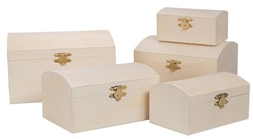 Ideen mit Herz | Holz-Boxen-Set | Truhen | Miniatur-Holztruhen | mit Deckel und Metall-Verschluss | 5 Stück | verschiedene Größen