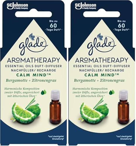 Glade Aromatherapy Essential Oils Duft-Diffuser Nachfüller, Calm Mind, Bergamotte + Zitronengras Aroma Diffuser, 17.4ml (Packung mit 2)