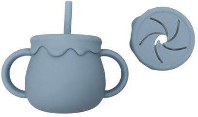 Muy Petit Vaso de Aprendizaje de Silicona para Bebé 3 en 1, Vaso con Pajita y Tapa para Snack Bebé, Vajilla de Silicona para niños, Vasos con pajita niños, Baby cup, Copo com Palhinha Bebe (Azul)