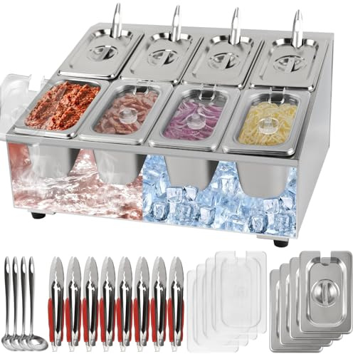 Kalolary 8 Pans 2 Row Pizza Topping Station with Lids Spoons Clips