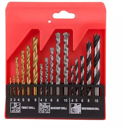 16pc Metal, Masonry & Wood Multi Steel HSS/Titanium Coated Drill Bit Set Straight Shank in Compact Storage Case Box for Metal, Brick, Wood and Plastic - Assorted Sizes