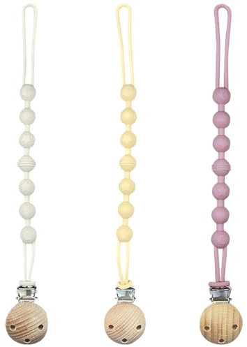 3 Pcs Dummy Clip, Bibs Dummies, Pacifier Clips, Silicone Dummy Clip for Boys and Girls, Used to Prevent The Pacifier from Falling, Getting Dirty or Lost（Milk Yellow, Beige, Pink）