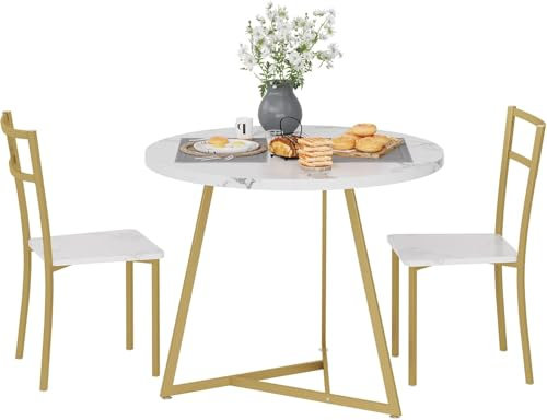 OPULENTHOME Runder Esstisch Set für 2, Küchentisch und Stühle für 2, 3 Stück Frühstücksbar Tisch und Hocker Set für Kleinen Raum, Wohnung, Esszimmer, Studio, Marmor Weiß Gold