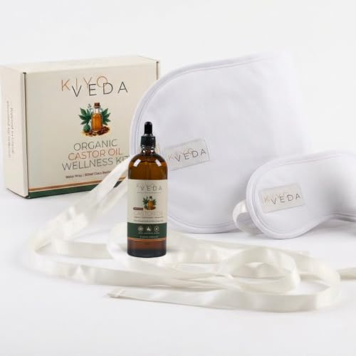 KiyoVeda Castor Oil Pack Wrap Kit, 200ml Organic Cold-Pressed Castor Oil | Organic Castor Oil Pack Wrap Kit with 200ml Oil, Reusable Organic Cotton Waist & Neck Wrap with Heat-retaining Inner Layer