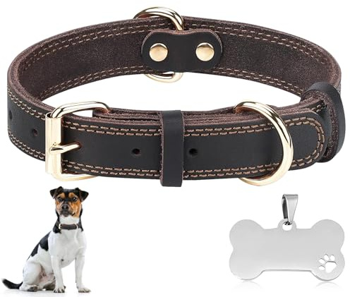 Hundehalsband Leder, Weiches Echtleder Hundehalsband Langlebig, Verstellbar 38-49CM, Dog Collar mit Haustiermarke für Rüde Weiblich Kleine Mittlere Große X-Große Hunde, Braun
