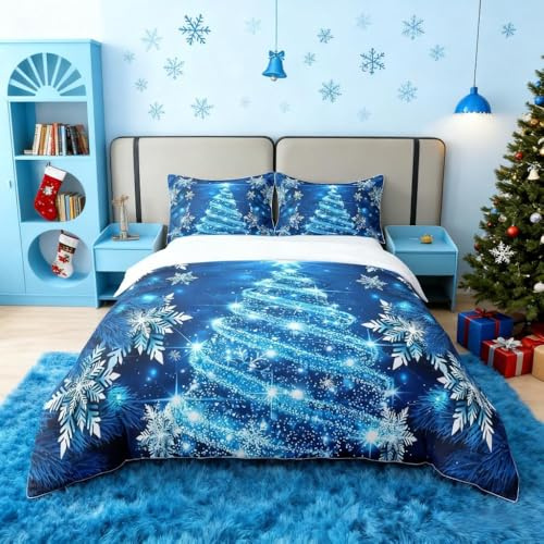 Homemissing Mädchen Weihnachtsbaum Bettbezug Set Blaue Weihnachtstheme Bettwäsche Set 135x200cm Chic Winter Schneeflocke Bettwäsche-Set für Mädchen Tochter Schlafzimmer Dekor Bettbezug