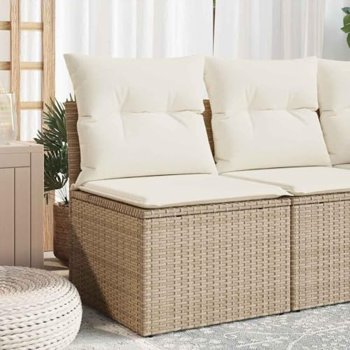 QJBSAVVA Gartensessel Beige Poly Rattan mit Stauraum 55x62x69 cm Modernes Design und dick gepolsterte Kissen für Balkon Terrasse Garten Lounge