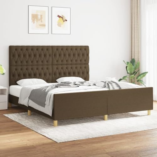 Holamys Bettgestell Dunkelbraun 180x200 cm, Stoffbezug, höhenverstellbares Kopfteil, Robustes Holzbett für Schlafzimmer, Massivholzrahmen, Sperrholzlatten, langlebige Möbel