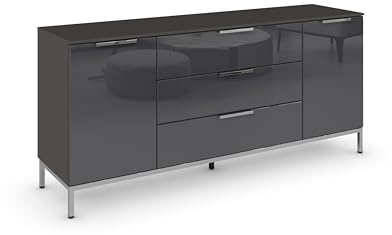 Rauch Möbel Flipp, Kommode, Farbe Glas Basalt/Graphit, Breite 160 cm | Sideboard, 2-türig, 3 Schubladen, Glasfront, Soft-Close, Griffe, Metallkufe Chrom, für Schlafzimmer, Gästezimmer, Wohnzimmer