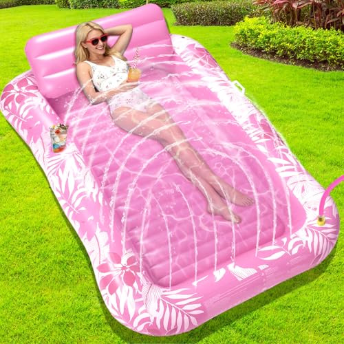 colmanda Materassino Gonfiabile Piscina Spruzzo, Piscina Abbronzante Adulti Poggiatesta Portabibite 210 * 130CM Gonfiabile Amaca Galleggiante Tanning Pool per Giardino Prato Spiaggia (Rosa)