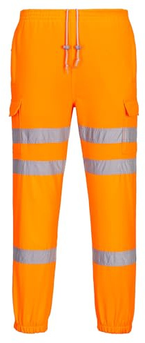 Portwest RT48 Hi-Vis Three Band Joggers Drawstring Waist 2 Side Zip Pockets | Orange, X Large, EN ISO 20471 Class 2, RIS 3279-TOM, Regular Fit, 35% Cotton, Knitted Fabric, Elasticated Hem, Phone Pocket