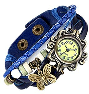 JewelryWe Damen Armbanduhr, Retro Vintage Analog Quarz Uhr mit Schmetterling Beads Kugeln Charm Leder Armkette Armband, Blau
