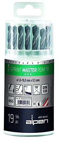 ALPEN Spiralbohrer Set Sprint Master (ø 1-10 mm, Bohrer kurz, DIN 338 RN, mit Kunststoff-Box, Bohrer für Stahl legiert + unlegiert) 812311100