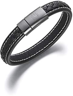 Lunavit Magnetschmuck, Herren Magnetarmband Zoom, schwarzes Lederarmband aus Rindsleder mit 1 Neodym Magnet und 1 Germaniumstein, Keramik Magnetverschluss