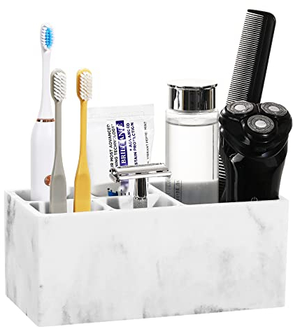 Luxspire Toothbrush Holder for Bathroom, 5 Slots Bathroom Counter Organizer Marble Toothbrush and Toothpaste Holder, Bathroom Accessories for restroom bathroom - Gravel White
