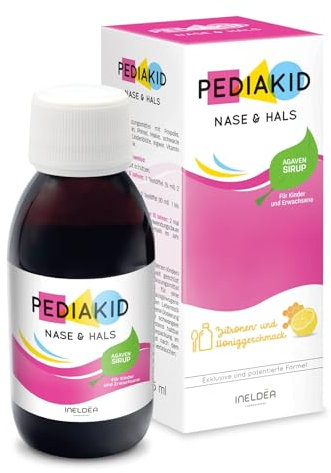 PEDIAKID - Natürliche Nahrungsergänzung NASE & HALS - Exklusive Formel mit Agavensirup - Atemkomfort - Natürliches Honig-Zitronen-Aroma - 125ml