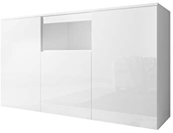 MB Muebles Bonitos, Buffet Nevada avec 3 Portes pour Salon et Salle à Manger, Meuble Moderne en Mélamine Brillante, Couleur Blanc, 140x82x40 cm