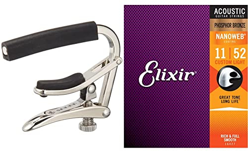 Shubb C1 Originalkapodaster für silberne Standardgitarre & Elixir 16027 Saiten Phosphor Bronze Akustik-Gitarrensaiten mit NANOWEB Beschichtung, Custom Light (.011-.052)