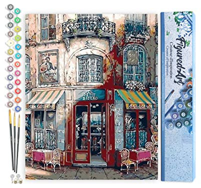 Figured'Art Peinture par Numéro Adulte Le Petit Bistro Vintage - Activité Manuelle Kit de Loisir Créatif DIY Numéro d'art Complet - 40x50cm sans châssis en Bois