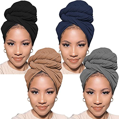Xtrend 4 Stück dehnbarer Turban, afrikanischer Strick, Kopftuch, Schal, Schal, ultraweich, extra lang, urbanes langes Stirnband für Damen (Schwarz, Marineblau, Kamel, Dunkelgrau)