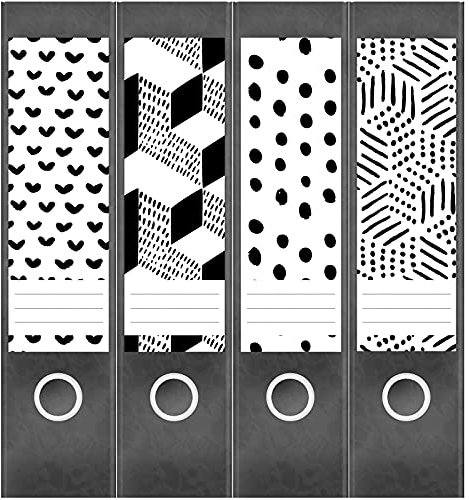Etiketten für Ordner | Muster Schwarz Weiss | 4 breite Aufkleber für Ordnerrücken | Selbstklebende Design Ordneretiketten Rückenschilder
